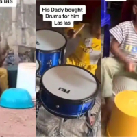 Lady shares husband’s wonderful act towards their son as he buys a complete set of drum to help build his talent