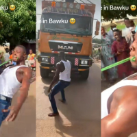 Netizens reacts as man pulls truck with teeth in viral video