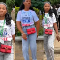 “My husband sponsored me” – Lady proudly writes on her shirt as she ‘signs out’