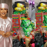 Actress Fathia Williams shares bags of rice, packs of Indomie &amp; others at father’s final funeral ceremony