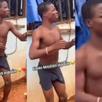 Young thief gets caught and forced to dance to hits songs while chained to burglary