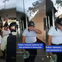 Dramatic moment Venezuelan police officers remove uniforms to join protests against government