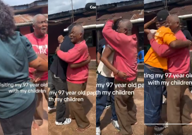 Moment 97-year-old man reunites with daughter and 3 grandchildren
