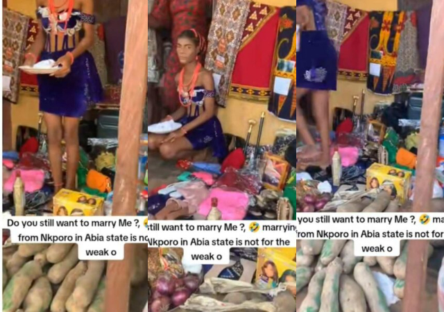 “What’s relaxer doing there” – Reactions as lady flaunts items her husband brought as her bride price