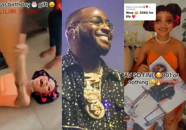 Lady rolls on the floor as she receives Davido’s portrait as birthday gift