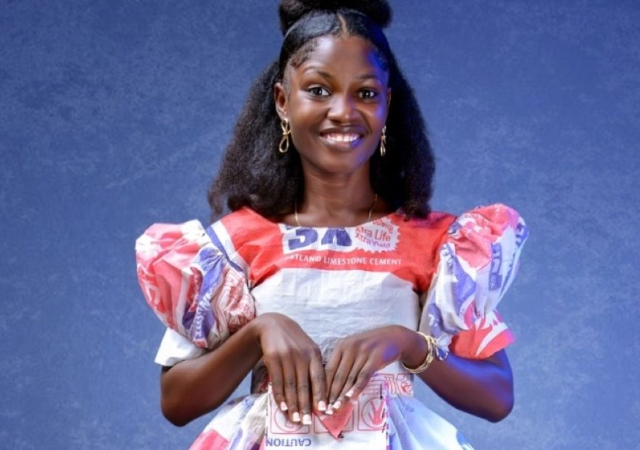 “Miss cement” – Reactions as lady celebrates birthday in unusual dress made entirely of cement bags