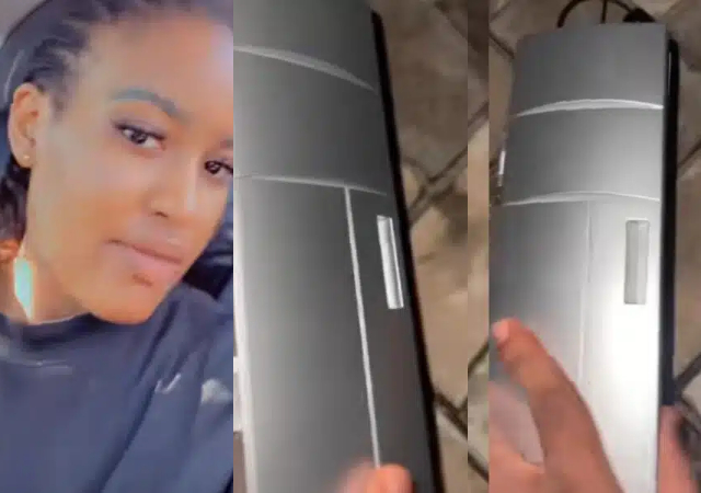“Plug it first e fit rise” – Reactions as lady shows off 79k fridge her friend mistakenly ordered online