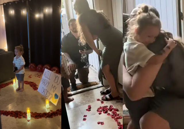 Beautiful moment as little girl helps father propose to mother