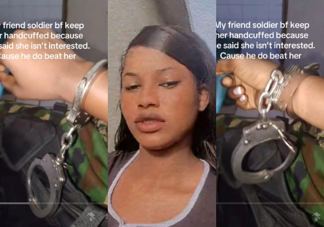 Nigerian lady handcuffed by soldier lover after she attempted to end relationship