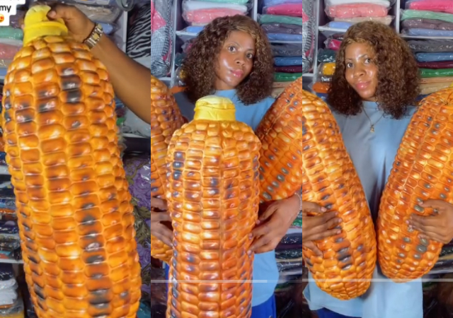 Nigerian lady causes buzz online as she shows off pillow that looks like roasted corn