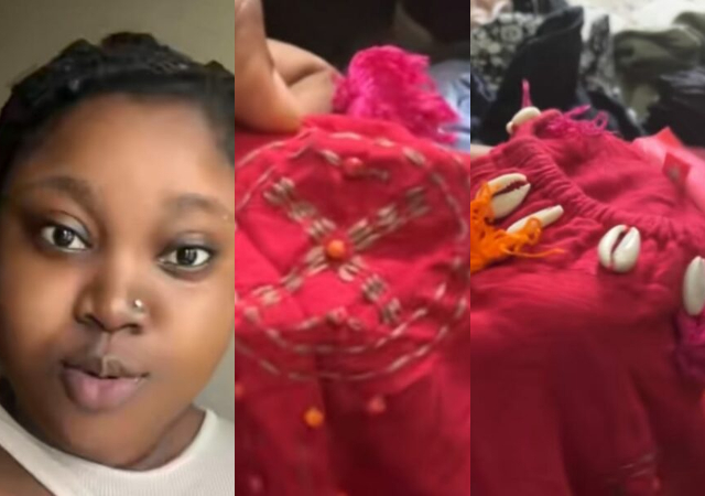 Confusion arises as woman finds cowries and unusual mark on dress bought in bale of imported clothes