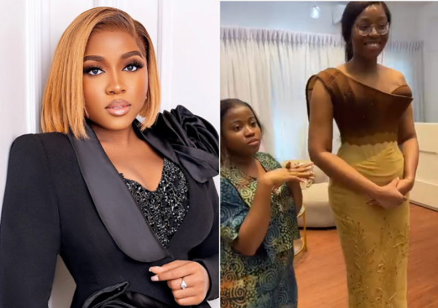 “Creativity at its peak”- Reactions as Veekee James shares process of making Dimma Umeh’s wedding dress