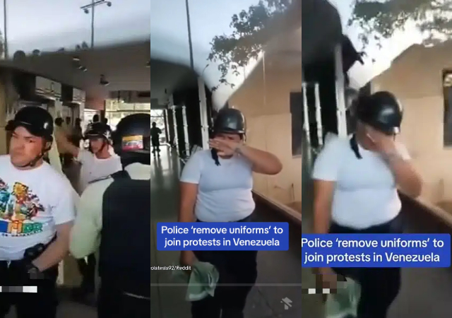 Dramatic moment Venezuelan police officers remove uniforms to join protests against government