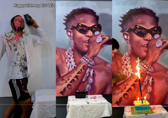 Nigerian artist trends as he create Wizkid portrait with paint and bare hands