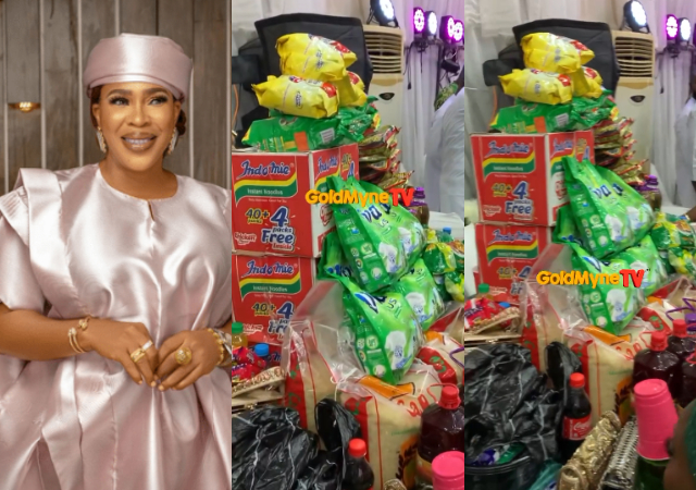 Actress Fathia Williams shares bags of rice, packs of Indomie &amp; others at father’s final funeral ceremony