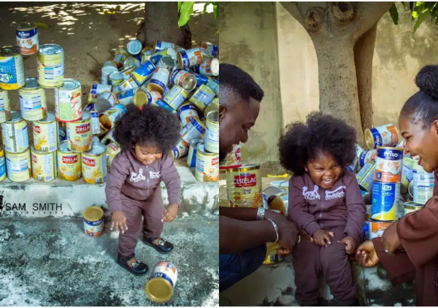 Nigerian man shows of ‘tower of babel’ stack of milk tins his 2-years-old daughter consumed