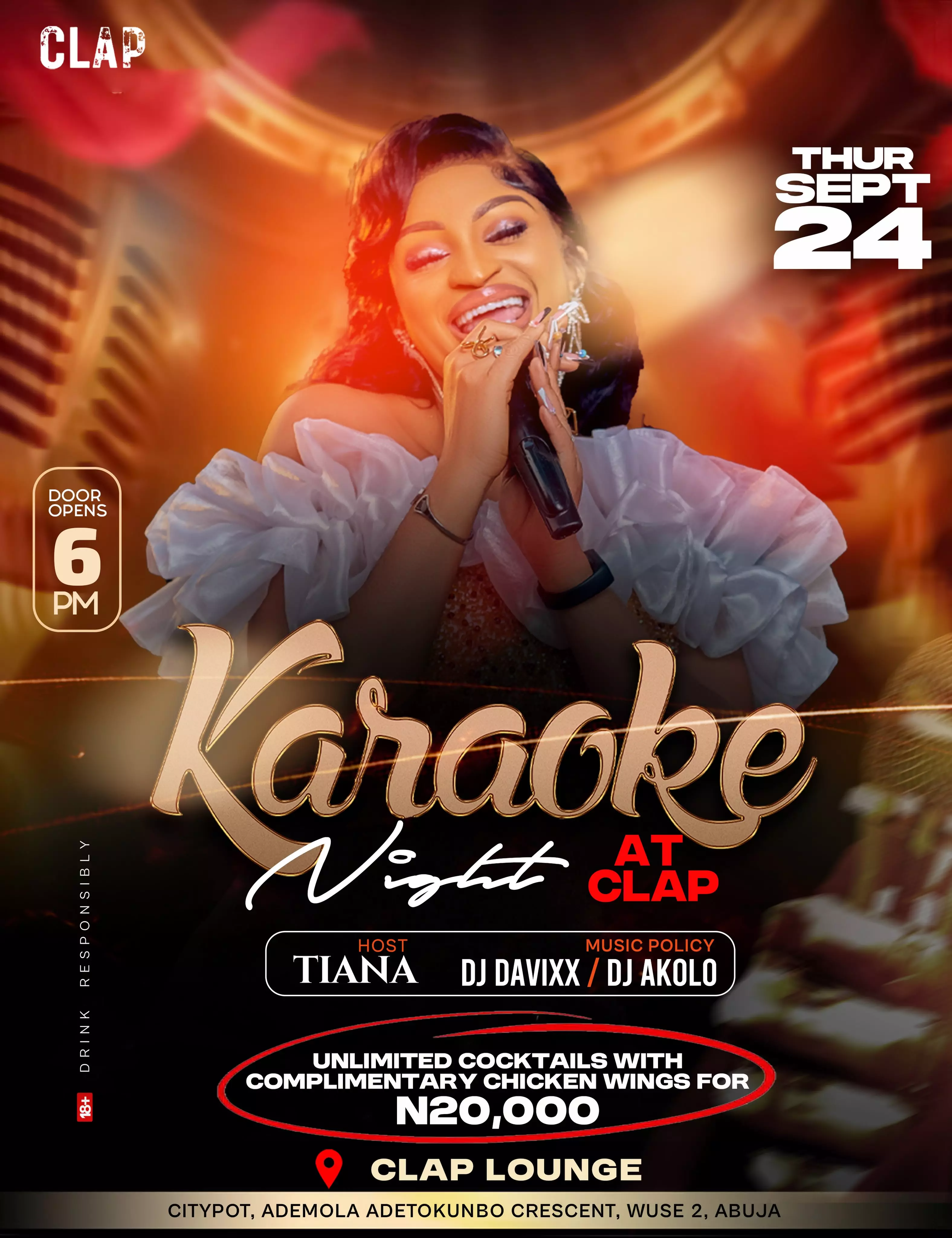 KARAOKE NIGHT AT CLAP LOUNGE – HOSTED BY TIANA